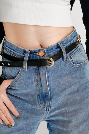 Black leather belt with gold chain accent and buckle detail