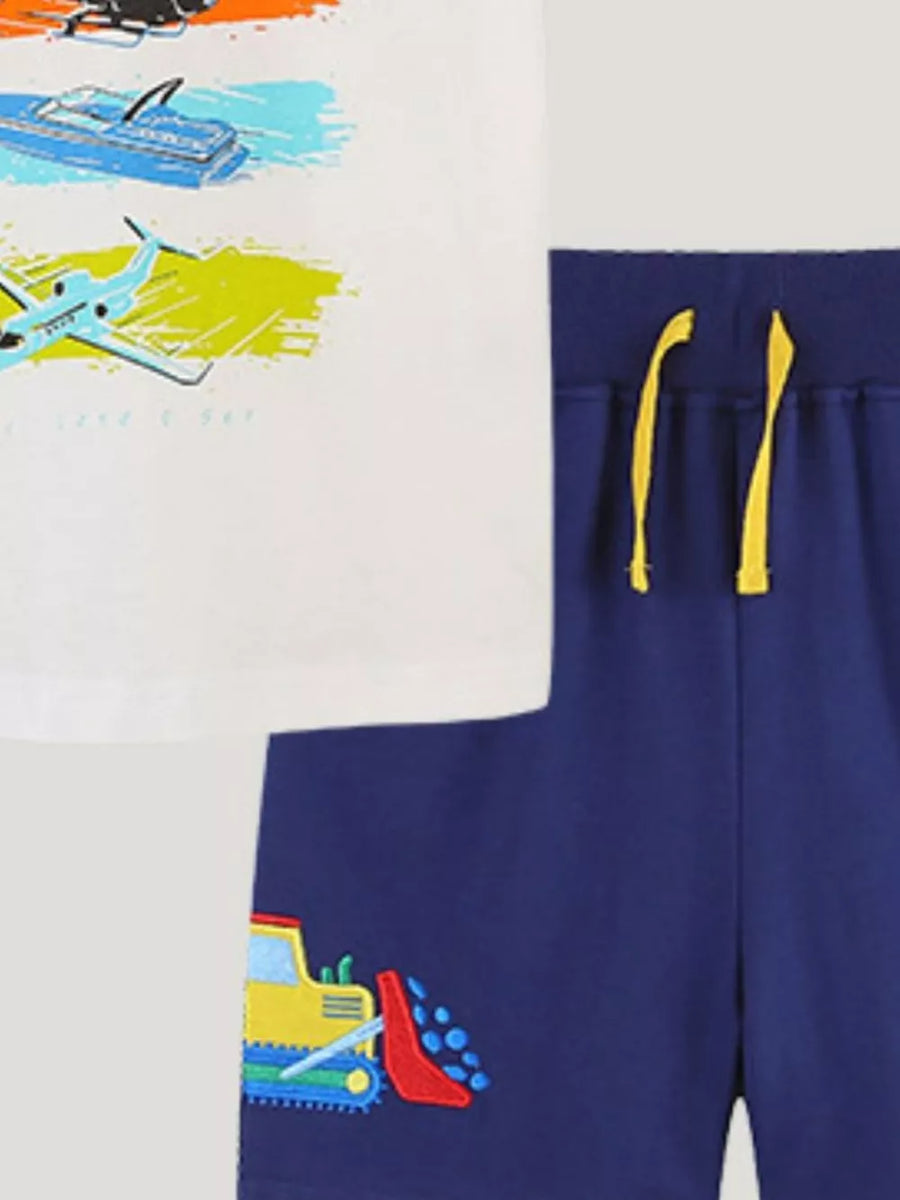 Toddler cotton underwear set with vehicle prints and a bulldozer applique.