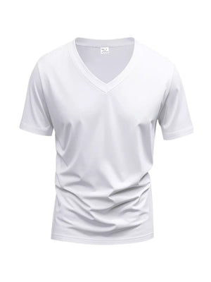 White slim fit v-neck t-shirt with short sleeves and a breathable cotton blend.