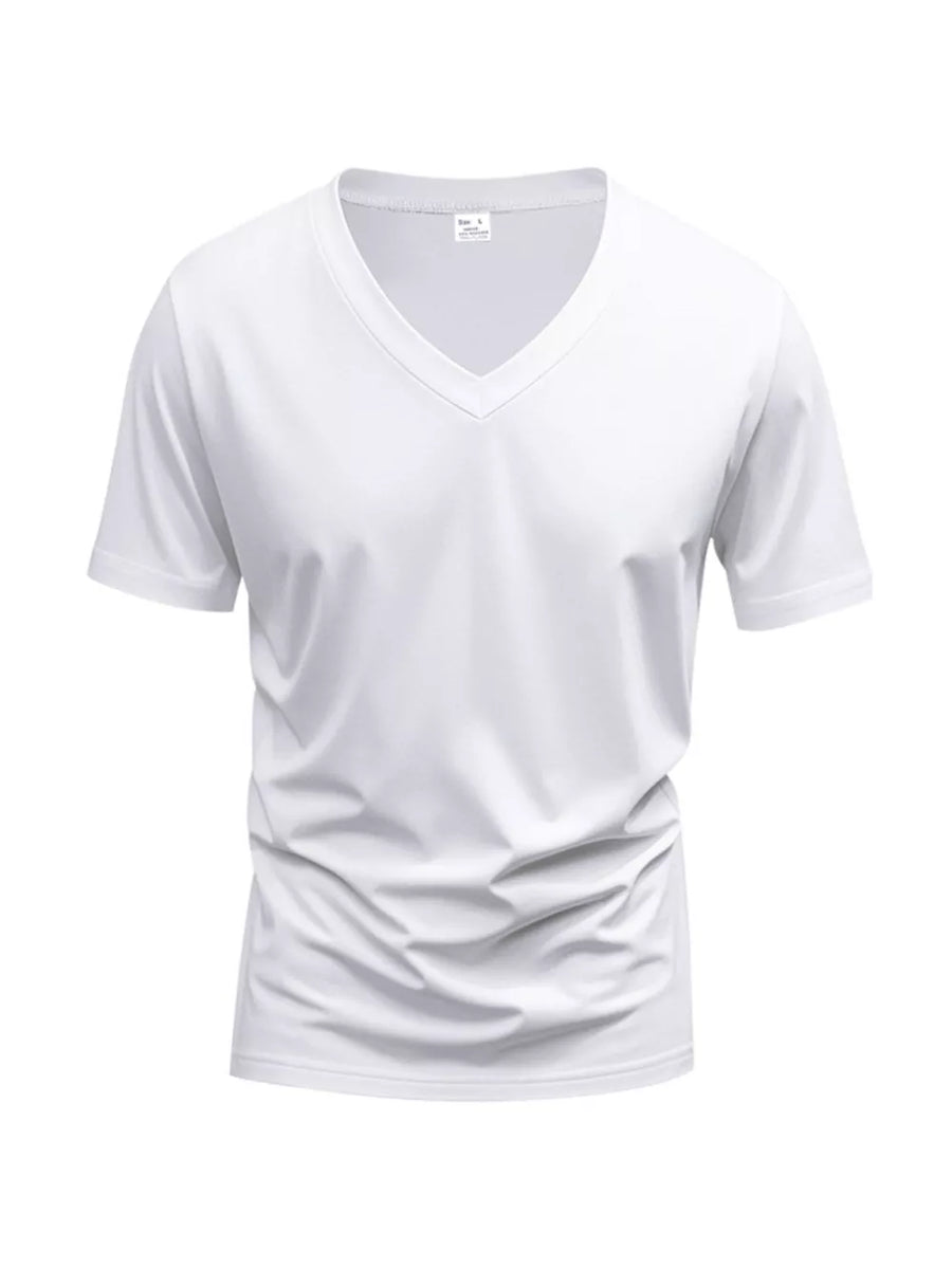 White slim fit v-neck t-shirt with short sleeves and a breathable cotton blend.