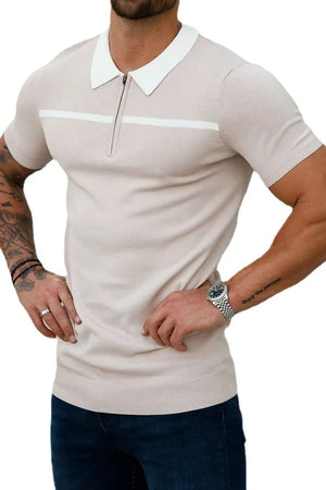 Men's beige knit zip-neck polo with contrast trim and white collar.