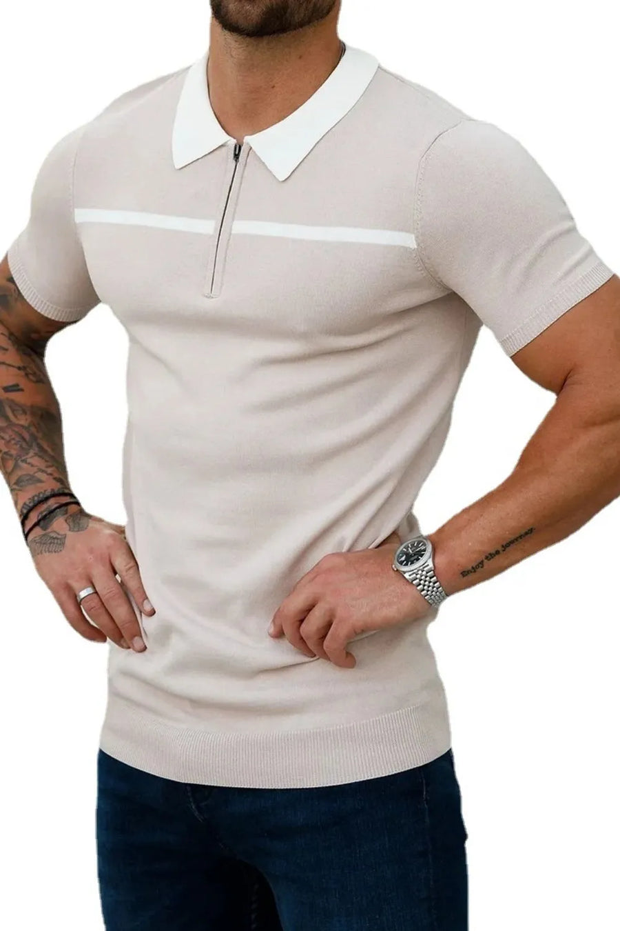 Men's beige knit zip-neck polo with contrast trim and white collar.