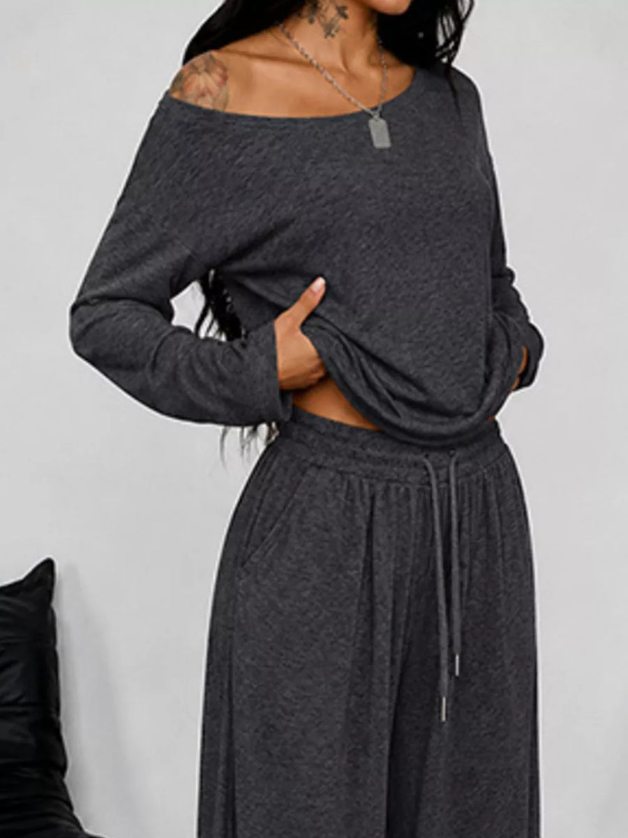 Black One-shoulder Top And Drawstring Pants Set Plus Size