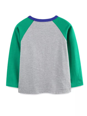 Long sleeve raglan t-shirt in grey with green sleeves and a blue neckline.