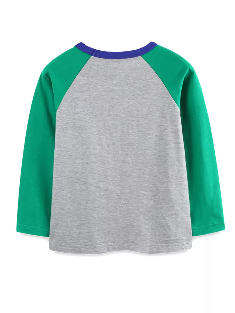 Long sleeve raglan t-shirt in grey with green sleeves and a blue neckline.
