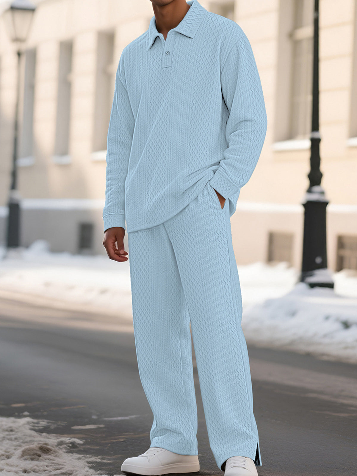 Light Blue Men's Textured Long Sleeve Top And Pants Set