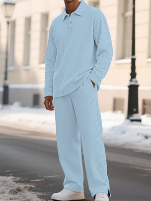 Light Blue Men's Textured Long Sleeve Top And Pants Set