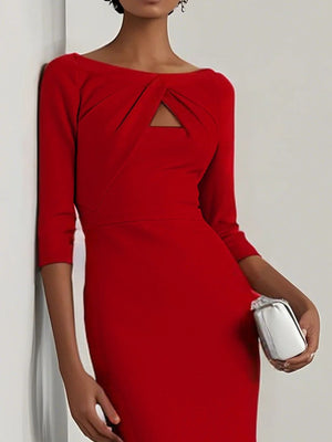 Deep red midi dress with twist-front and cutout detail, 3/4 sleeves.