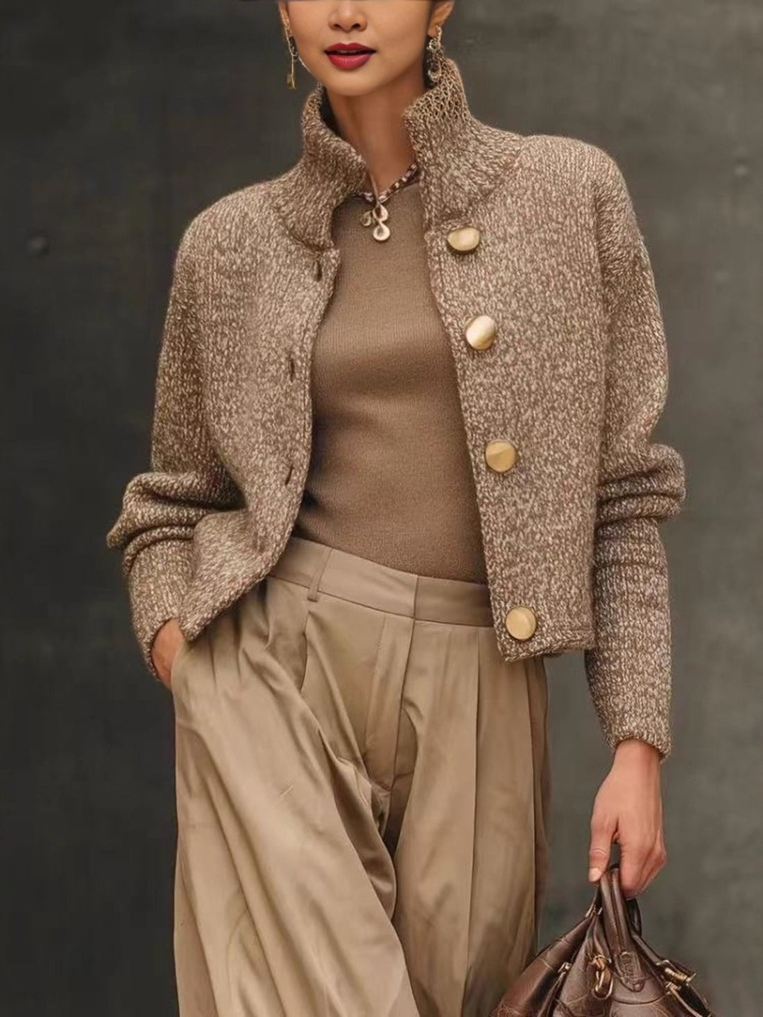 cardigan in light brown featuring buttoned and relaxed fit