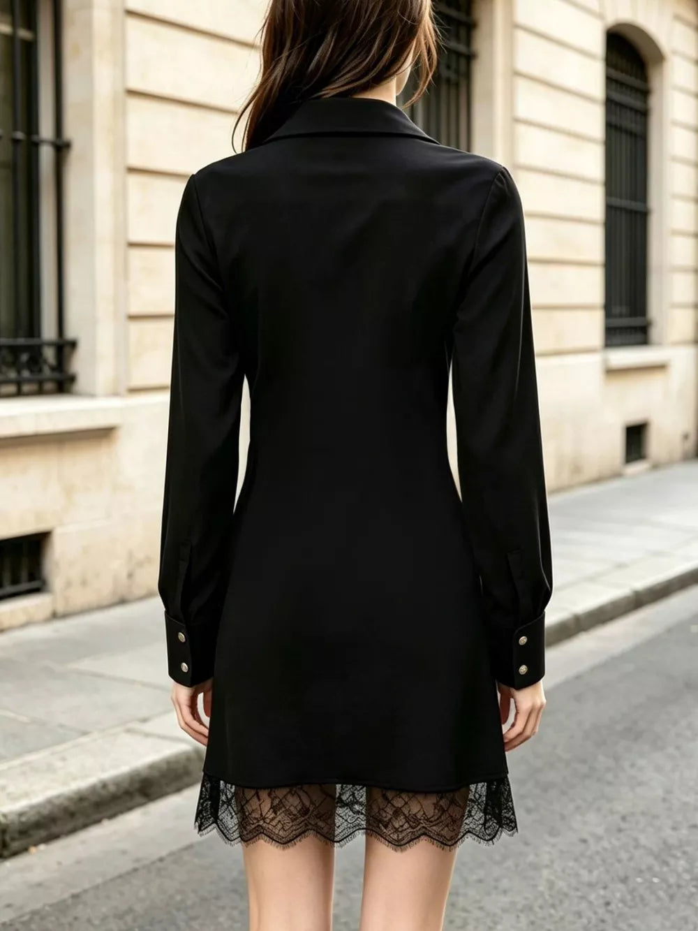 Black fitted shirt dress with collared