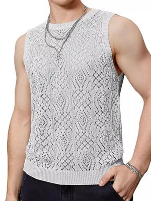 Gray mesh knit muscle tee with diamond pattern and crew neck.