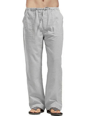 Relaxed fit gray linen drawstring trousers with pockets
