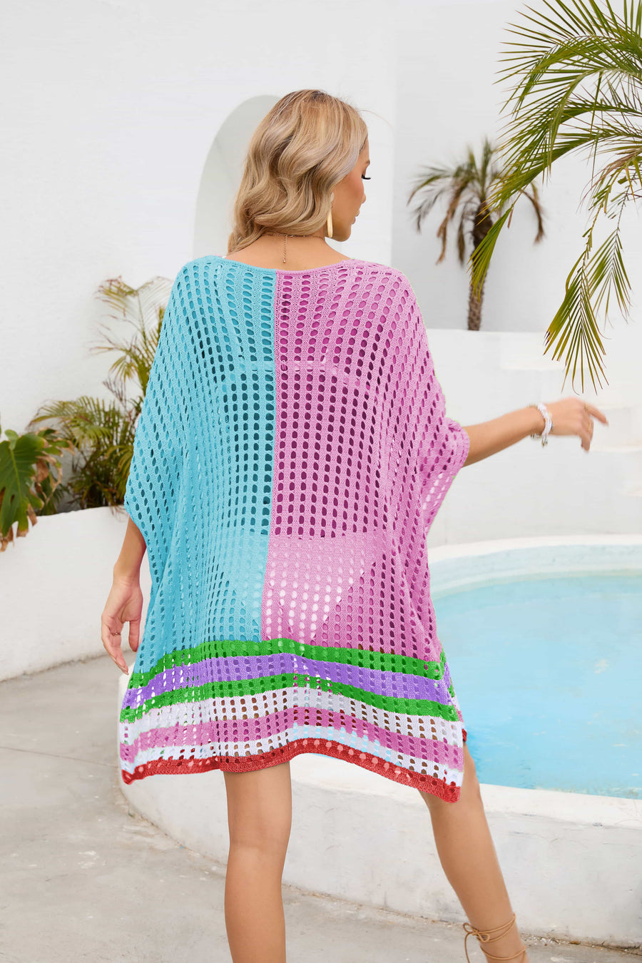 Meshed edge scoop neck half sleeve cover-up in colorblock pink and blue with striped hem