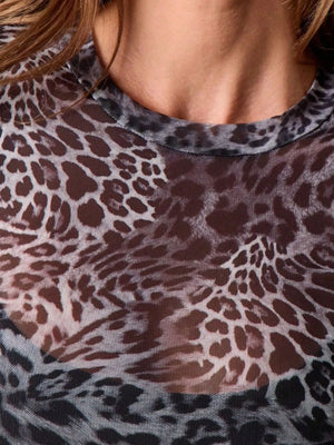 Sheer long-sleeve top with leopard print in leopard color.