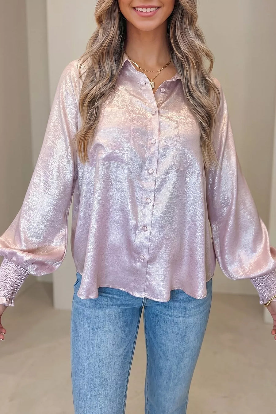 Long Sleeve Button Front Ruffle Cuffs Shirt in this colorway