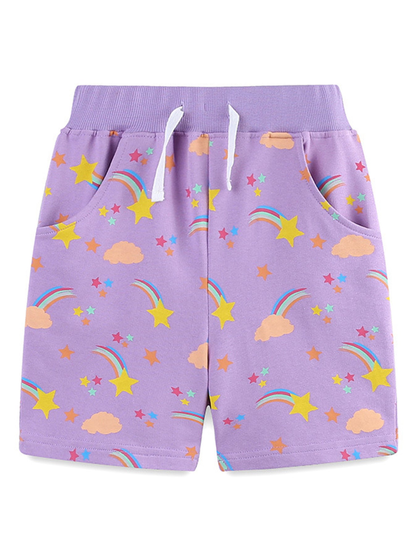 Lavender cotton shorts with stars and rainbows pattern, elastic waistband with drawstring.