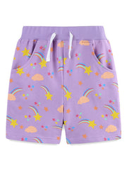 Lavender cotton shorts with stars and rainbows pattern, elastic waistband with drawstring.