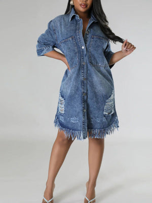 shirt dress in denim blue featuring distressed and relaxed fit