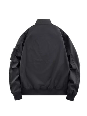 Plus-size black bomber jacket with zip closure and utility pocket detail on sleeve.