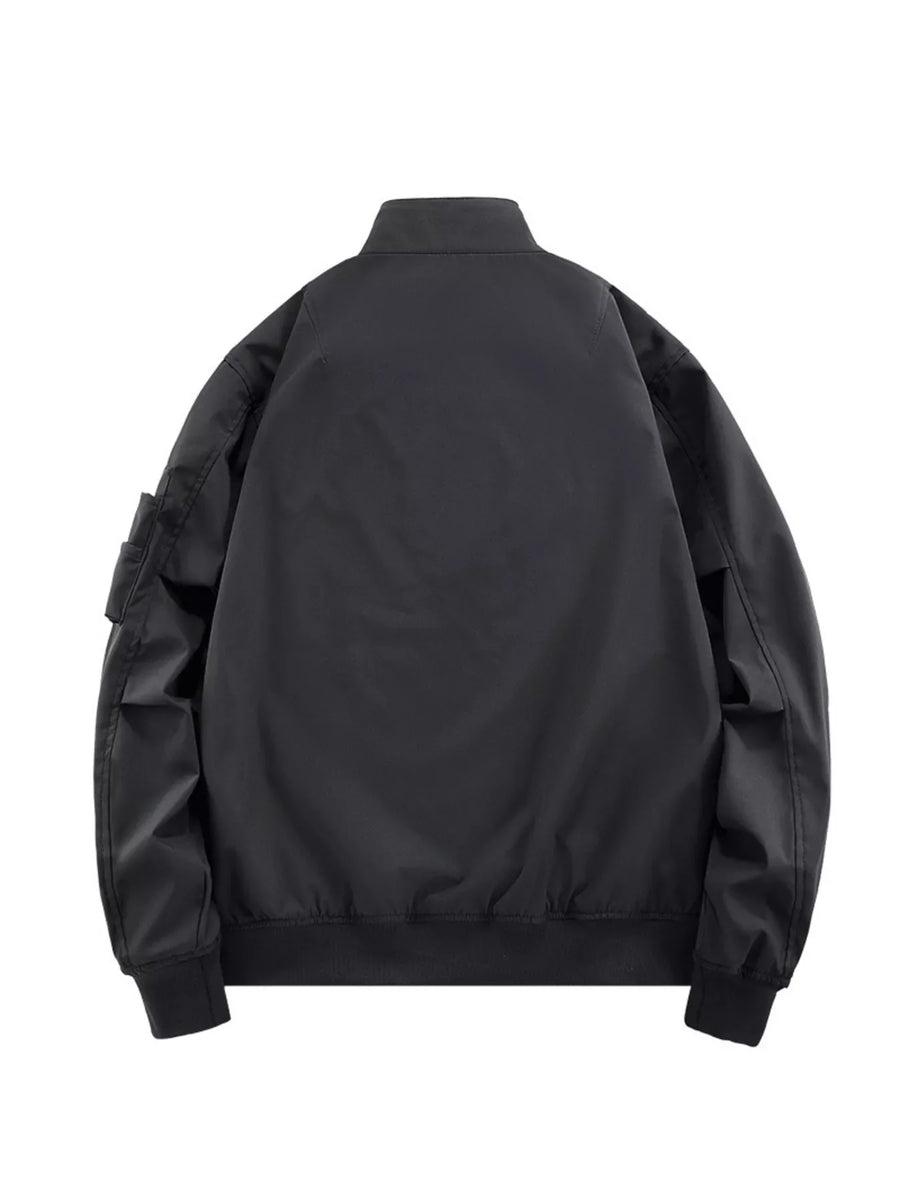 Plus-size black bomber jacket with zip closure and utility pocket detail on sleeve.
