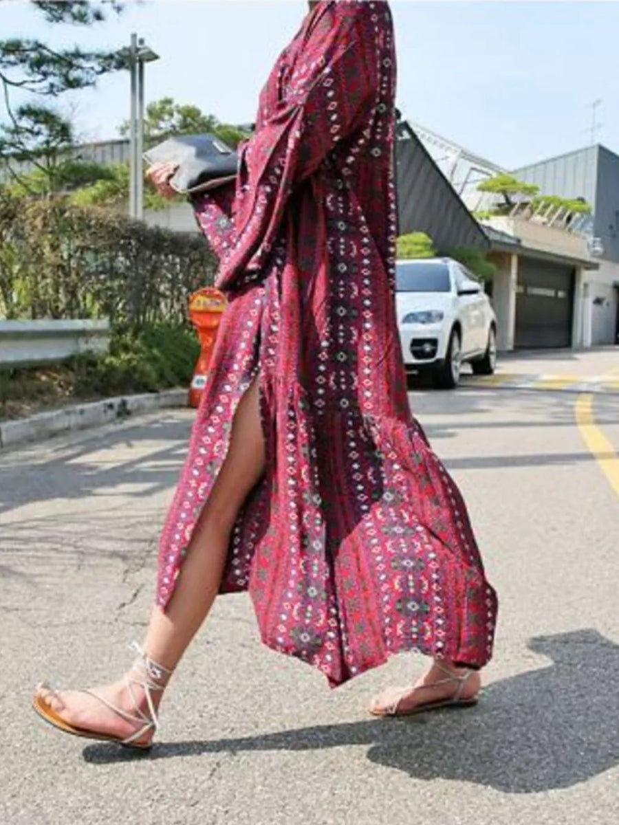 Bohemian Print Midi Dress With Side Slits in Red
