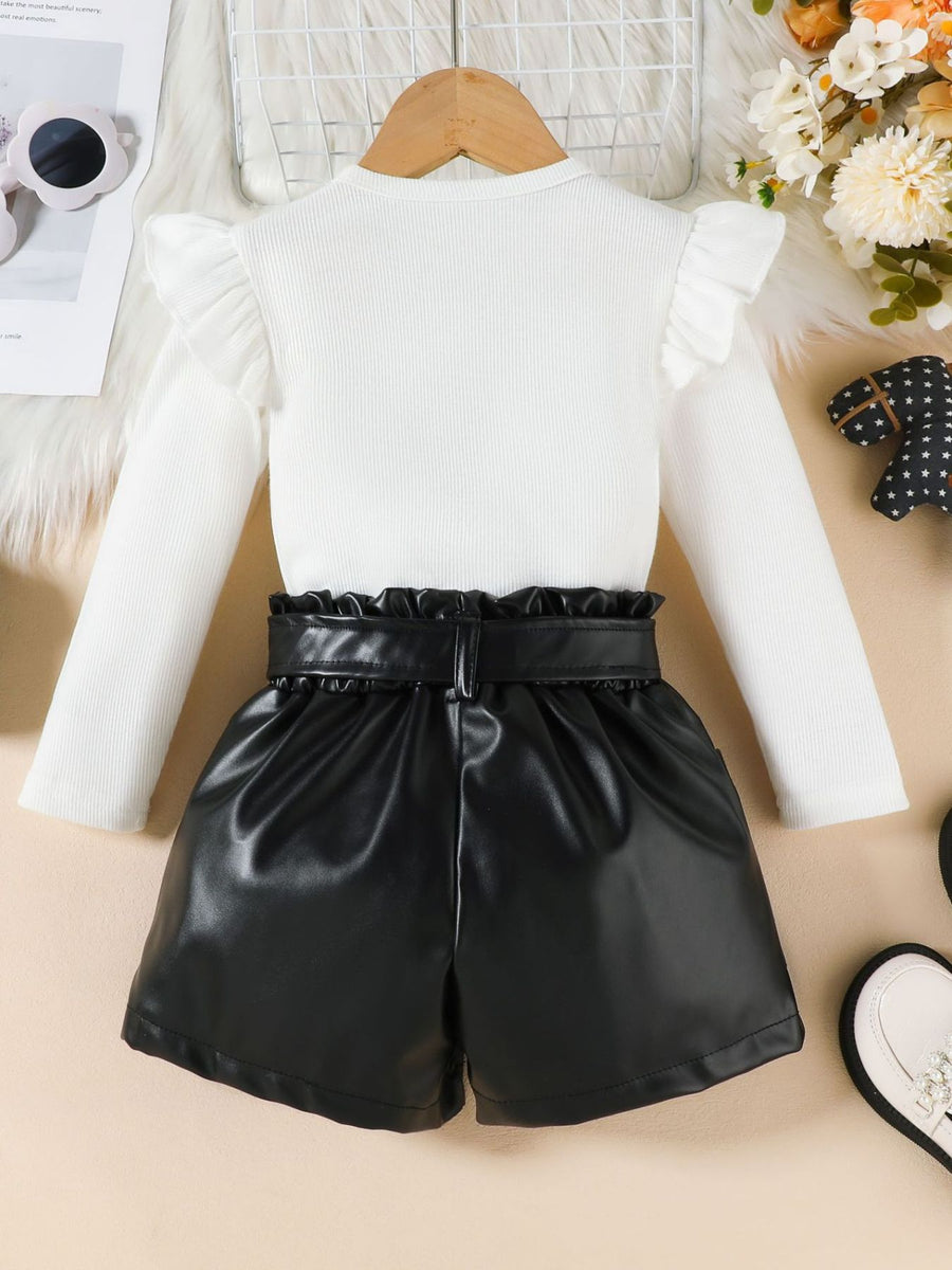 White ruffled sleeve top and black faux leather shorts set with belt