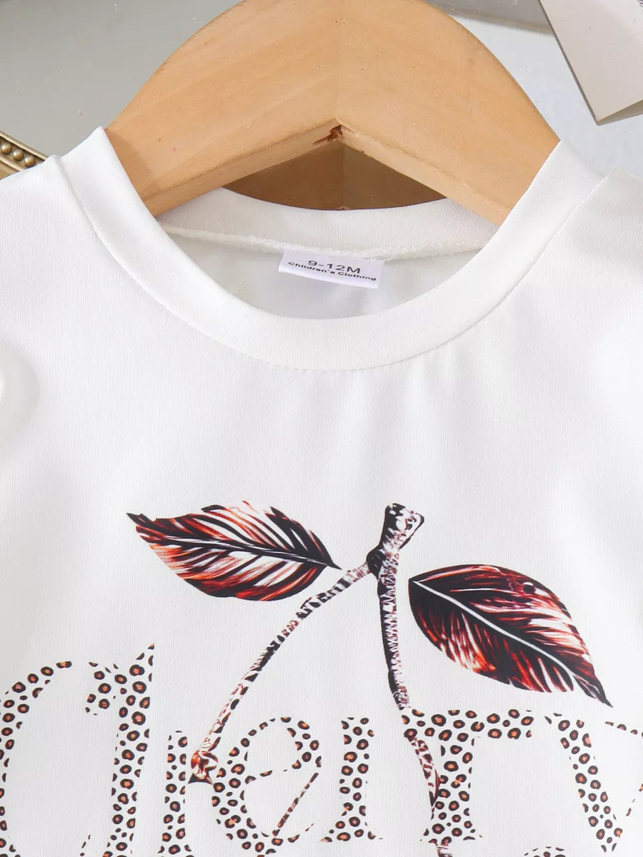 Children's Cherry Leopard Tee And Flare Pants Set in White
