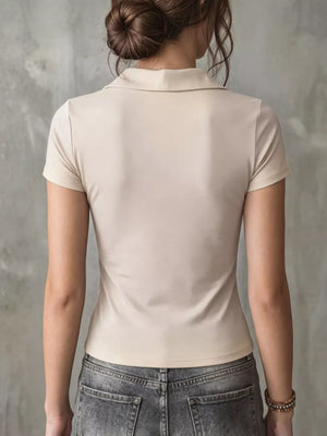 Scoop neck slim fit polo t-shirt in beige, short sleeves, casual women's top.