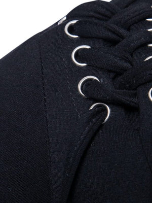 Black cotton t-shirt with lace-up detail and silver grommets.