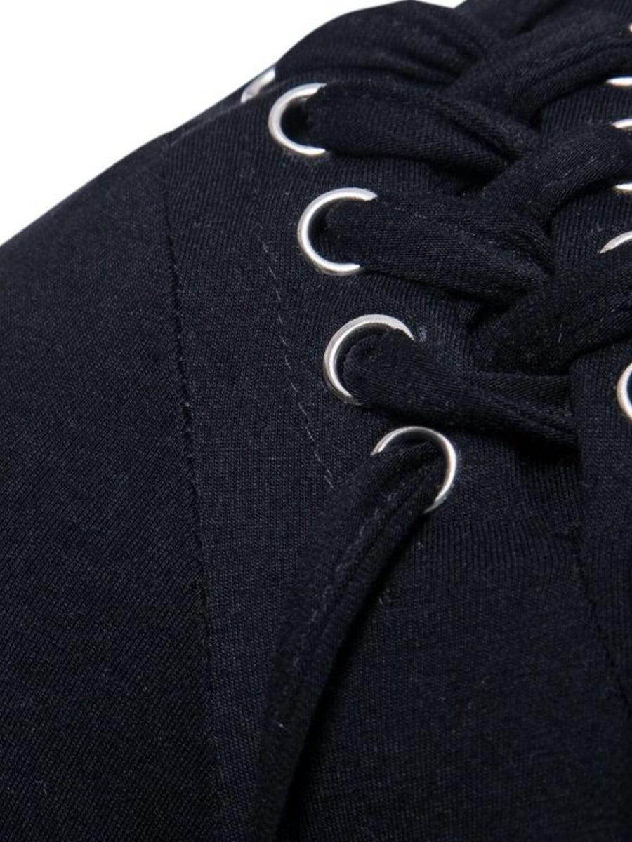 Black cotton t-shirt with lace-up detail and silver grommets.
