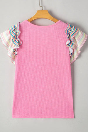 Pink ribbed knit blouse with pastel stripe ruffle sleeves