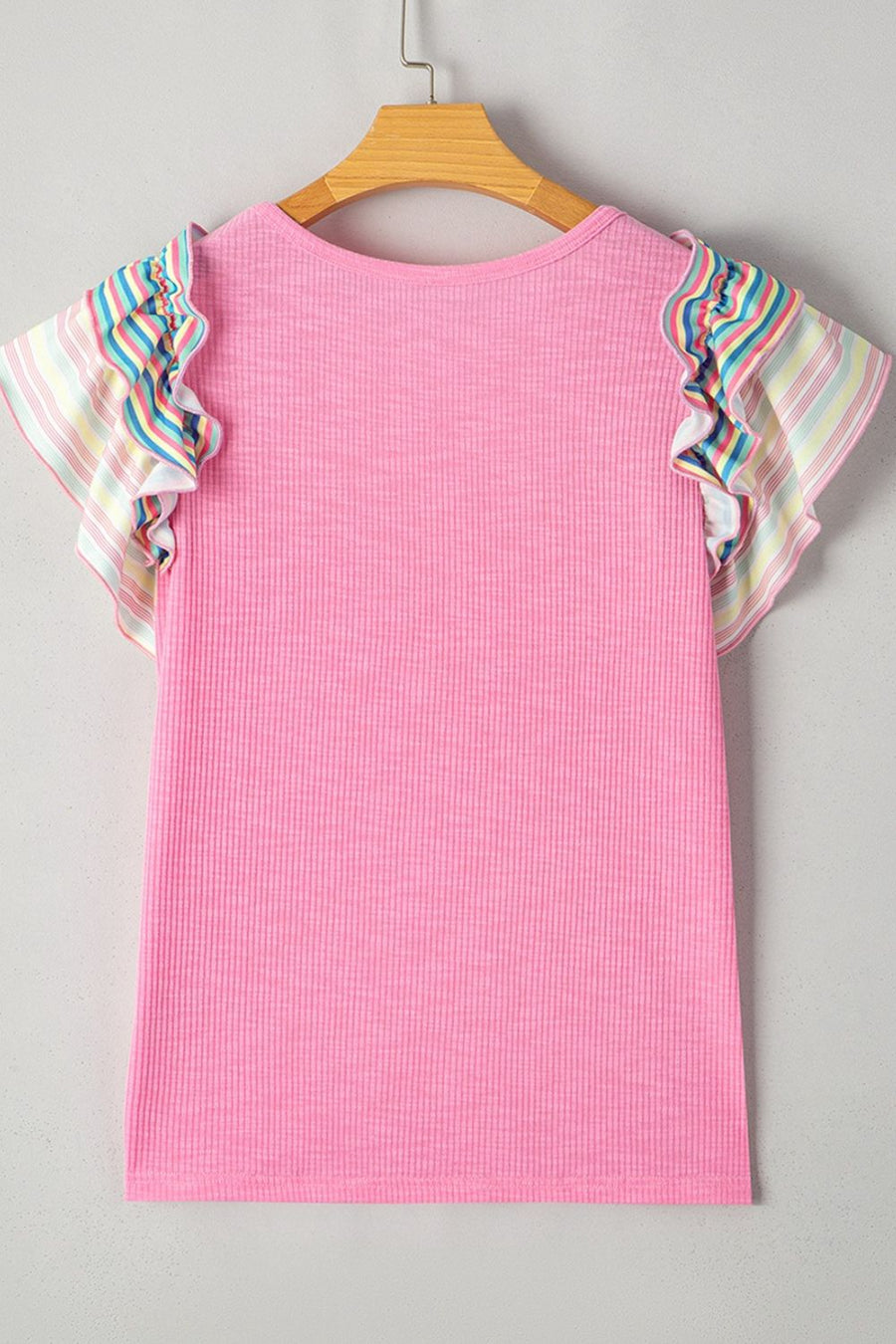 Pink ribbed knit blouse with pastel stripe ruffle sleeves
