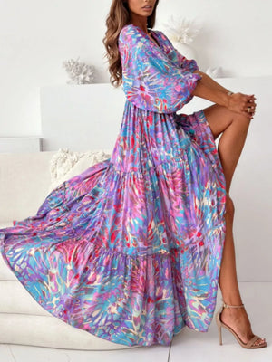 Black with Printed V-neck Balloon Sleeve Maxi Dress