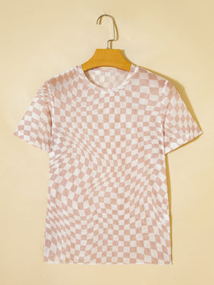 Checkered mesh crew neck t-shirt in beige and white with a wavy distortion pattern.