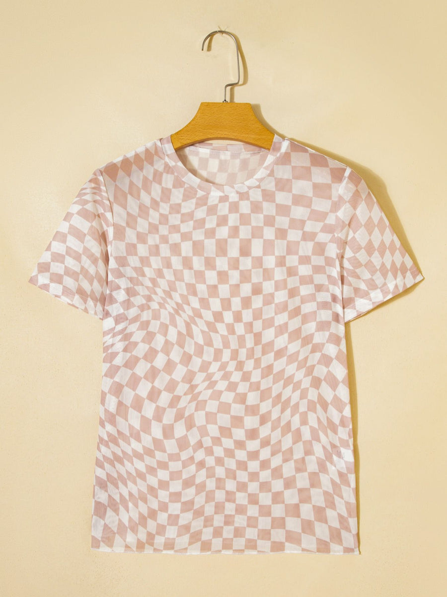 Checkered mesh crew neck t-shirt in beige and white with a wavy distortion pattern.