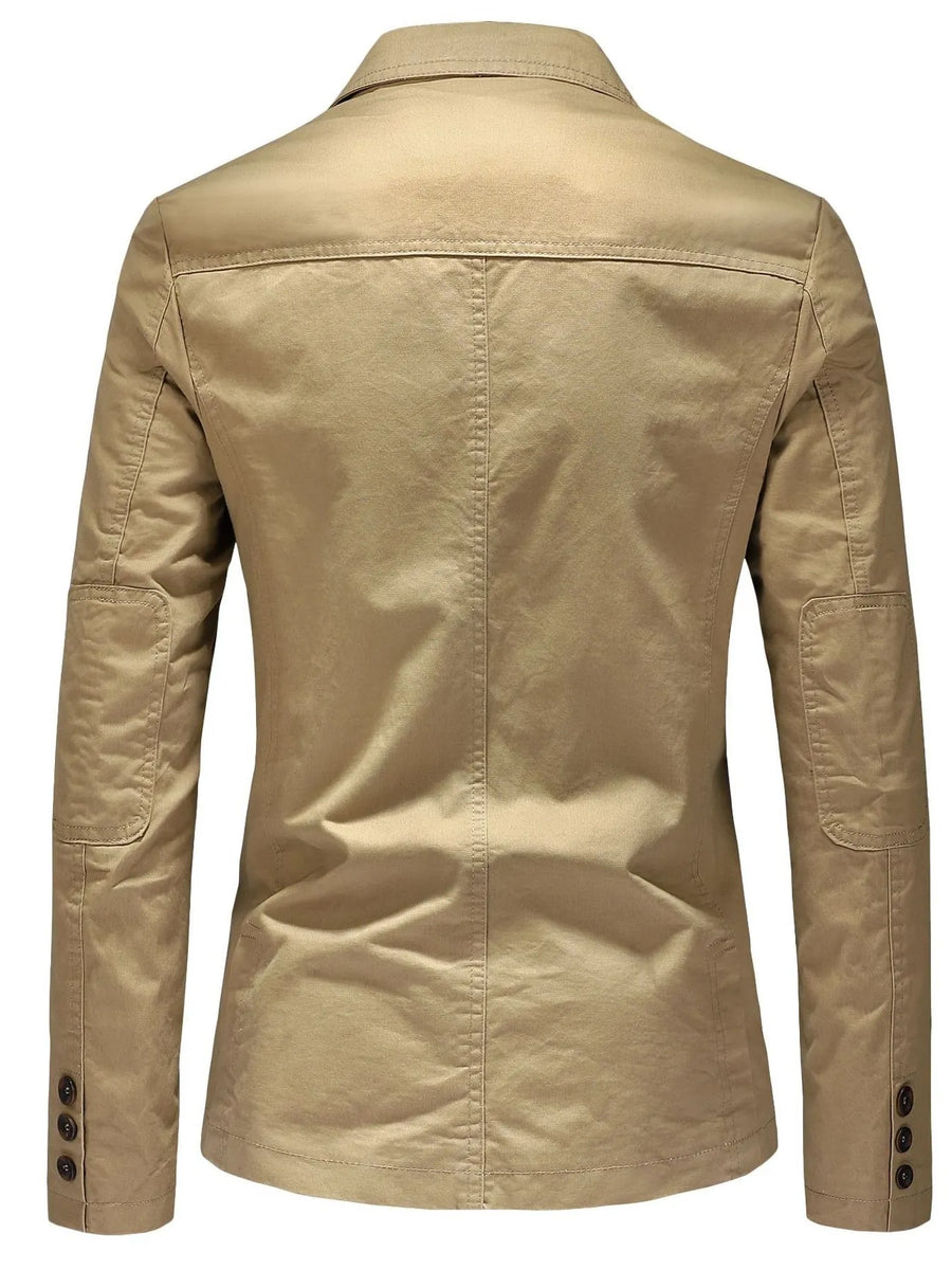 Khaki cotton casual button-up blazer with elbow patches and button cuffs.
