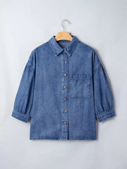 Dusty Blue button-up shirt with hip-length and button-front