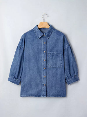 Dusty Blue button-up shirt with hip-length and button-front