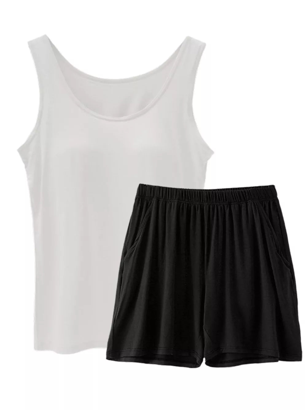 Milky white tank top and black shorts pajama set with pockets