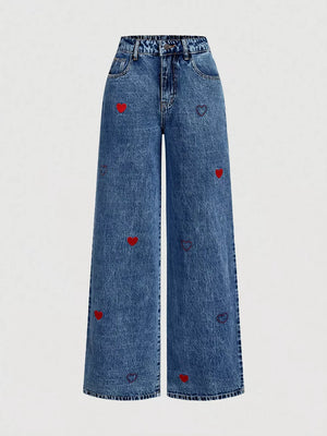 Embroidered Heart Wide-leg Jeans