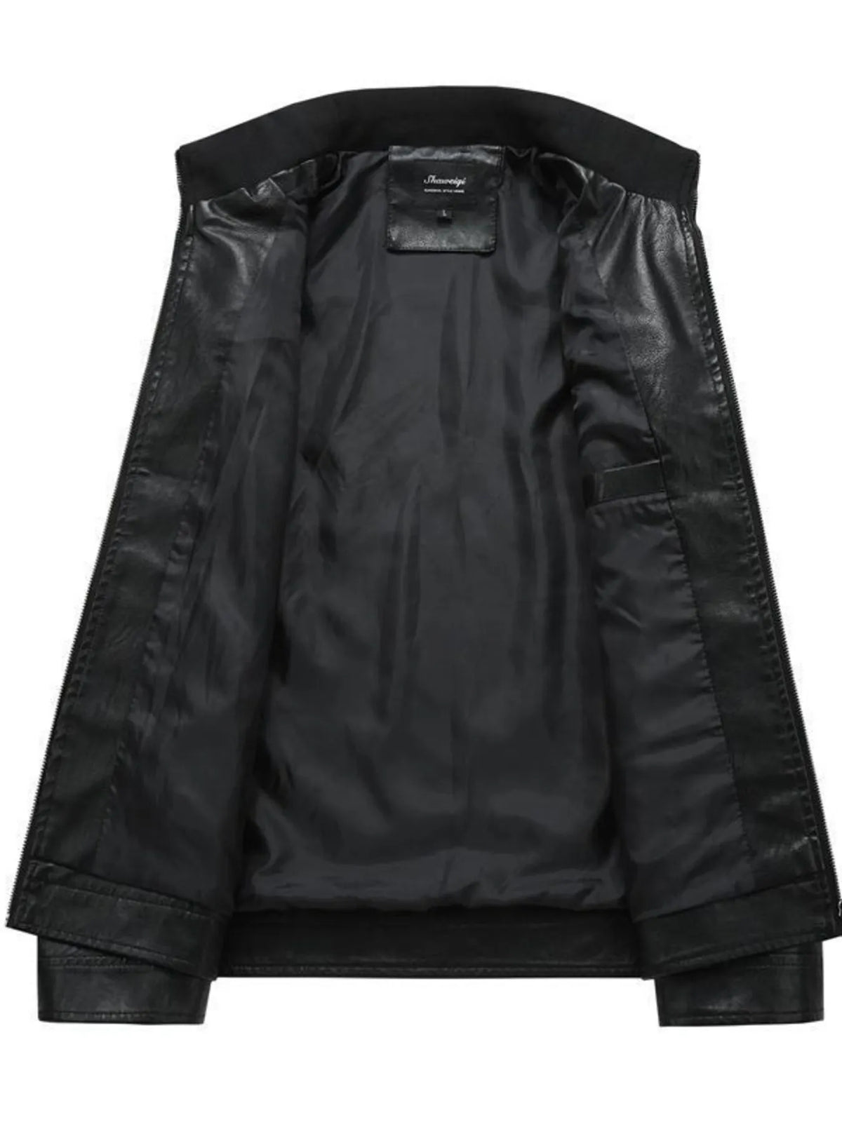 Men's black plus-size moto jacket with zip-up front and interior pocket detail.