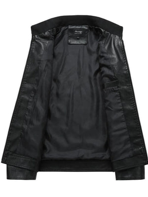 Men's black plus-size moto jacket with zip-up front and interior pocket detail.