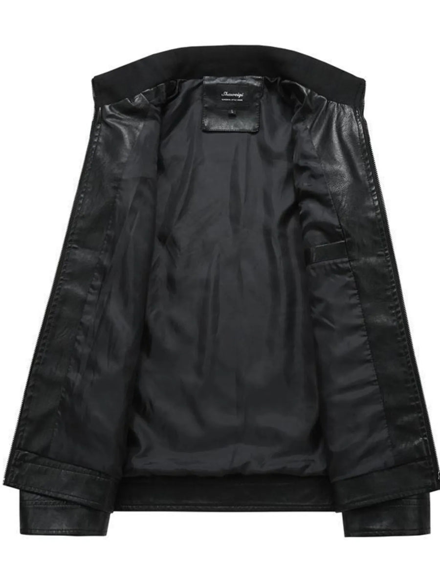 Men's black plus-size moto jacket with zip-up front and interior pocket detail.