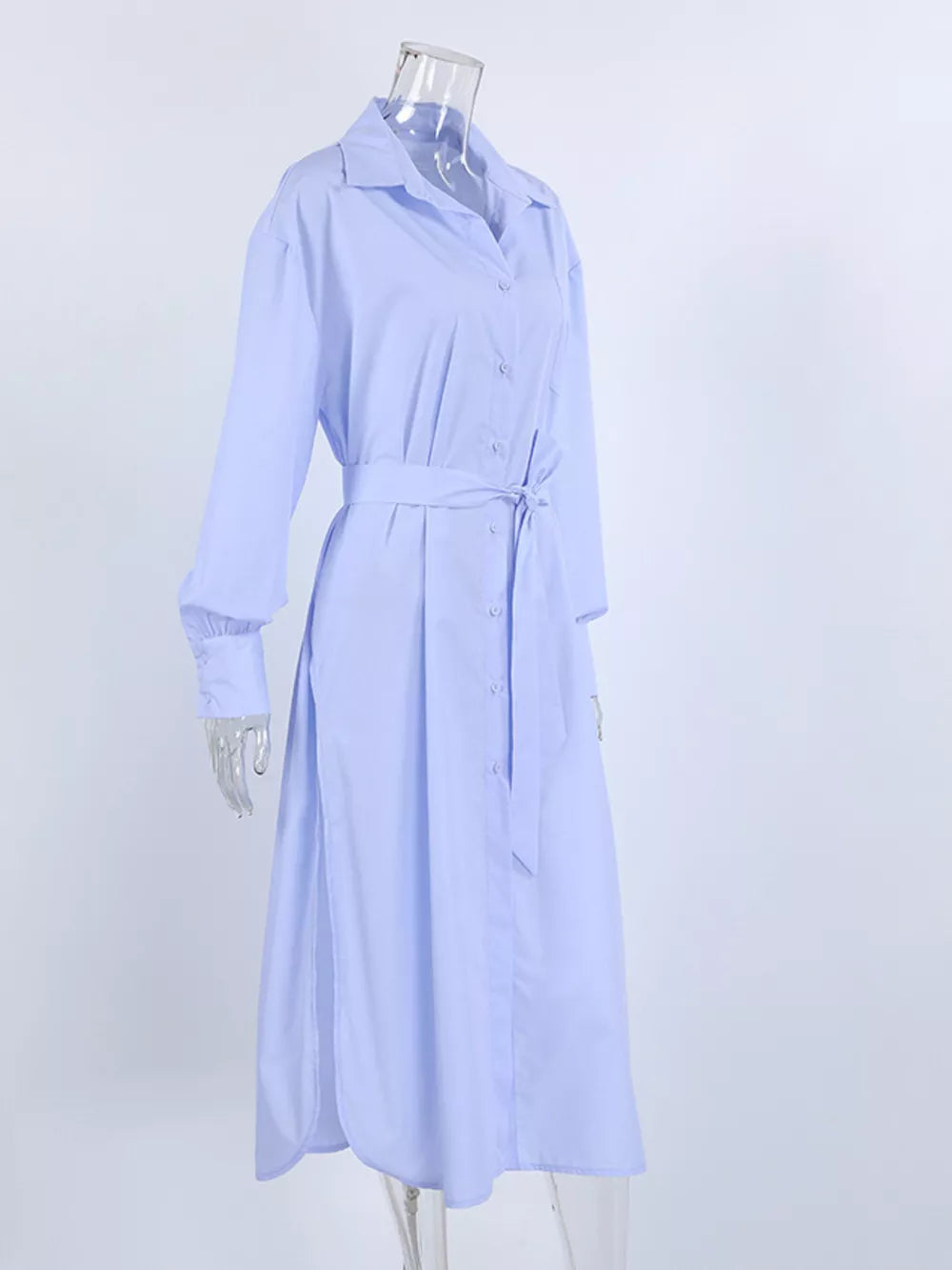 periwinkle button-down shirt with belted and long sleeve