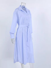 periwinkle button-down shirt with belted and long sleeve