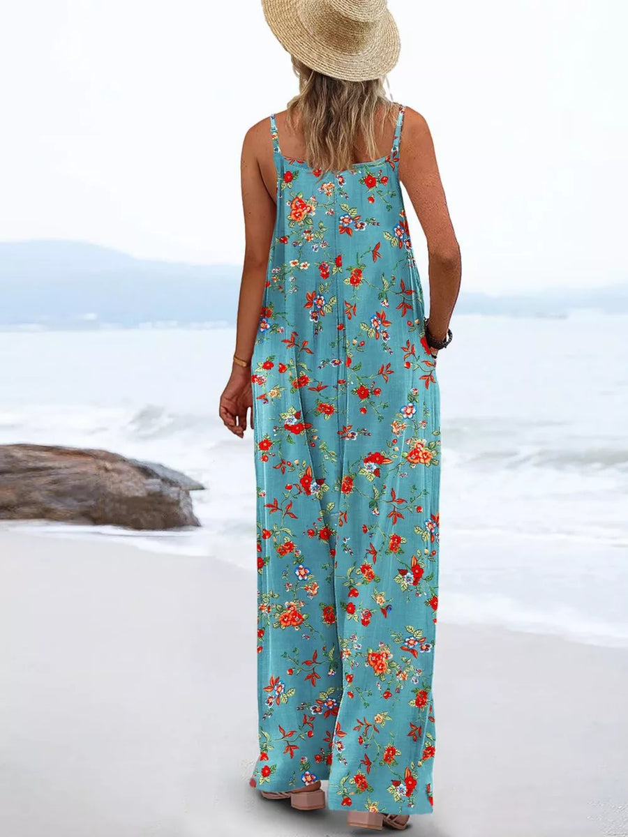 Yellow with Floral Print Wide Leg Spaghetti Strap Overalls
