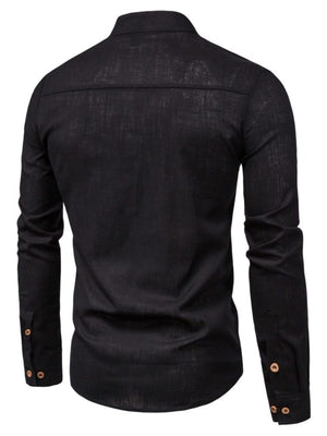 Black long sleeve linen shirt with button cuffs and a pointed collar.