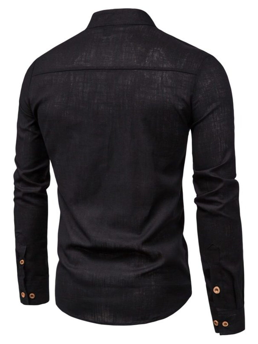 Black long sleeve linen shirt with button cuffs and a pointed collar.