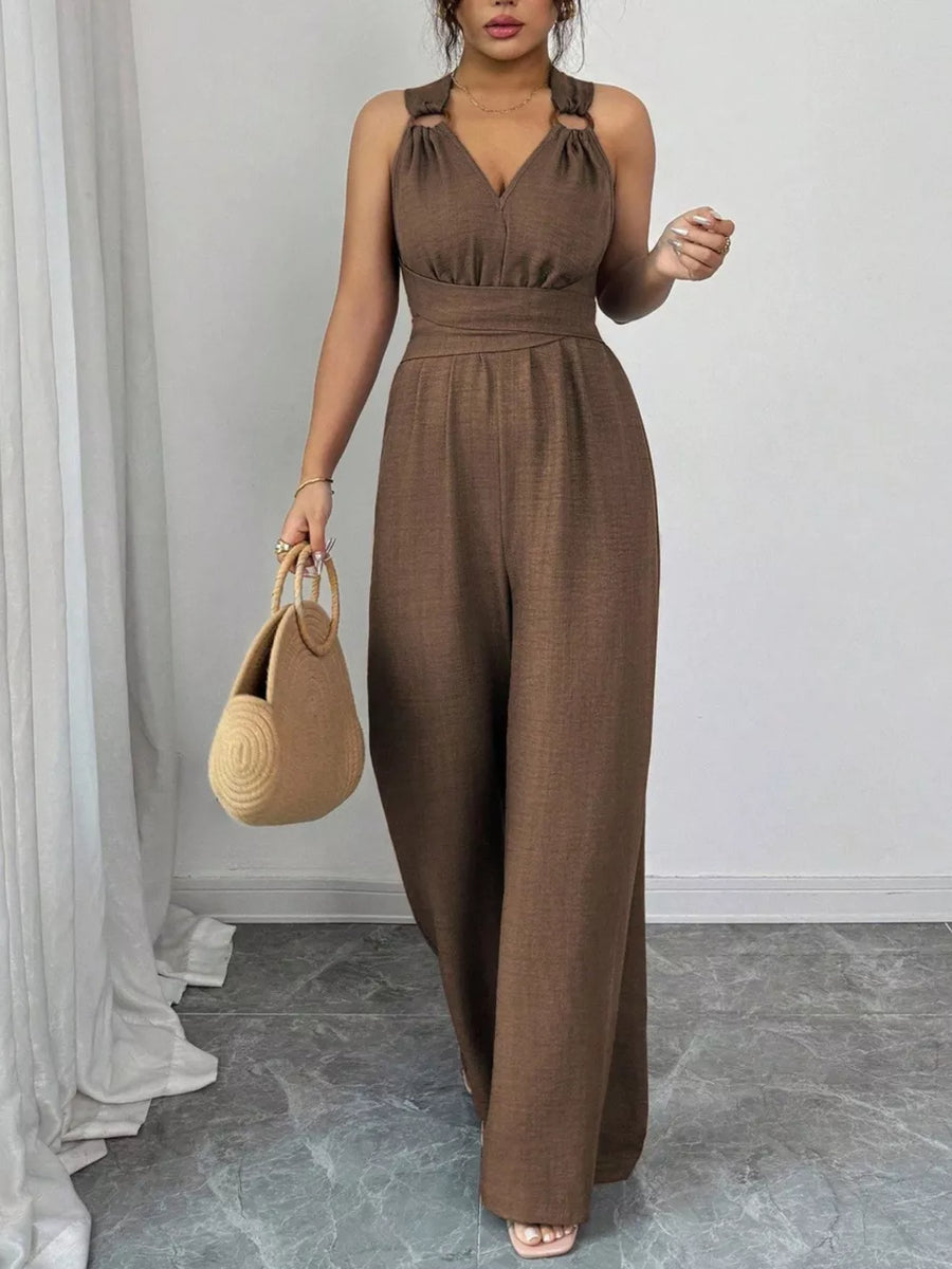 Black wide-leg jumpsuit with v-neck
