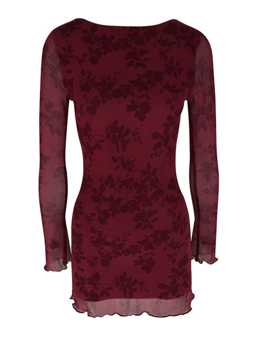 Burgundy floral mesh bodycon mini dress with long sleeves and lettuce hem detail.